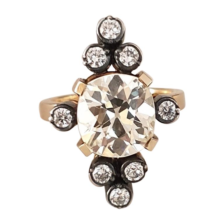 18 Karat Gold and Silver 4.23 Carat Old Cushion Diamond Ring For Sale