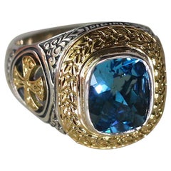 Georgios Collections 18 Karat Gold and Silver Cross Ring with Sky Blue Topaz