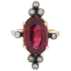 18 Karat Gold and Silver Diamond Rhodolite Garnet Antique Style Cocktail Ring