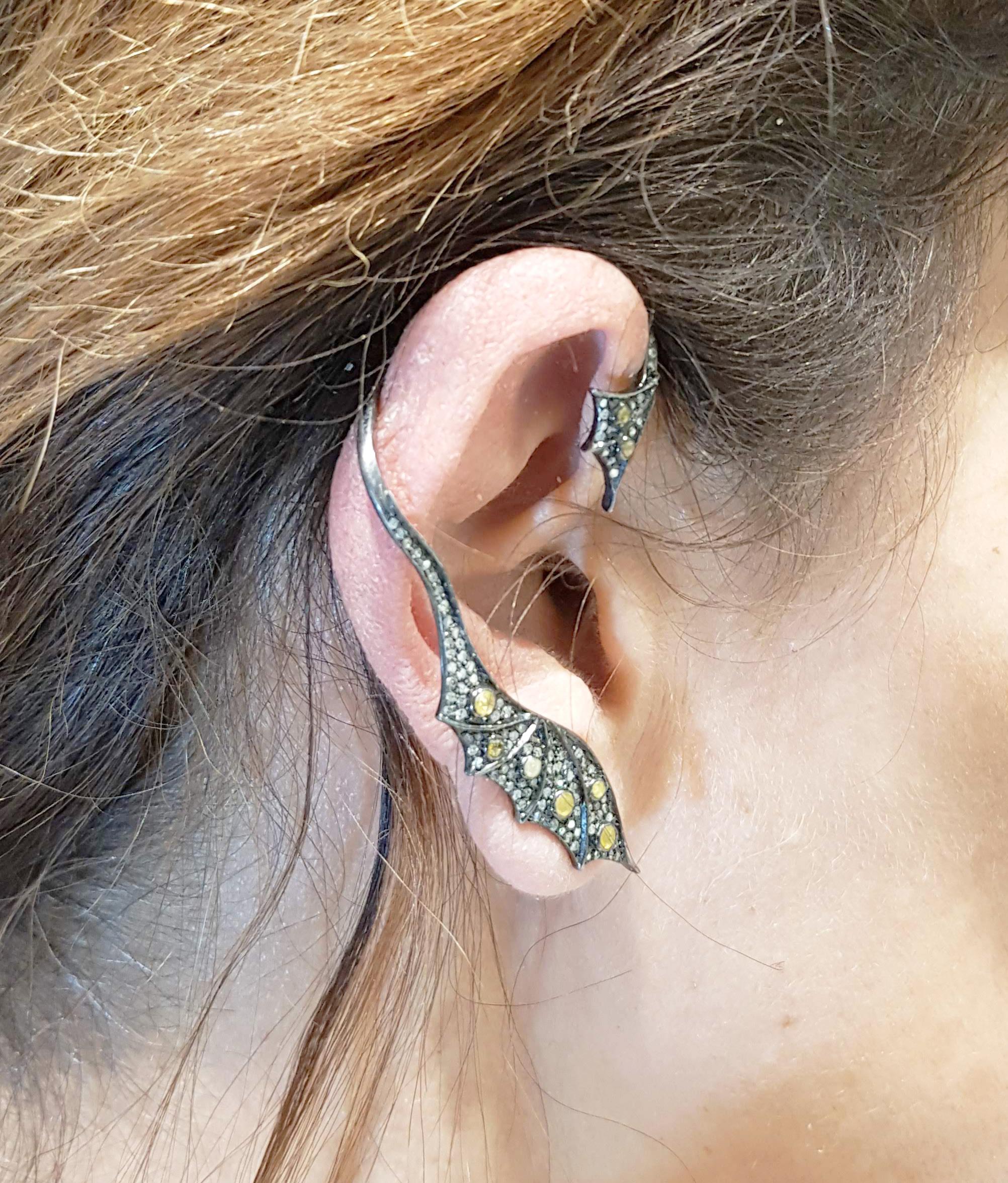 Rose Cut 18 Karat Gold and Silver Dragon Cuff Earrings with Diamonds and Yellow Saphires For Sale