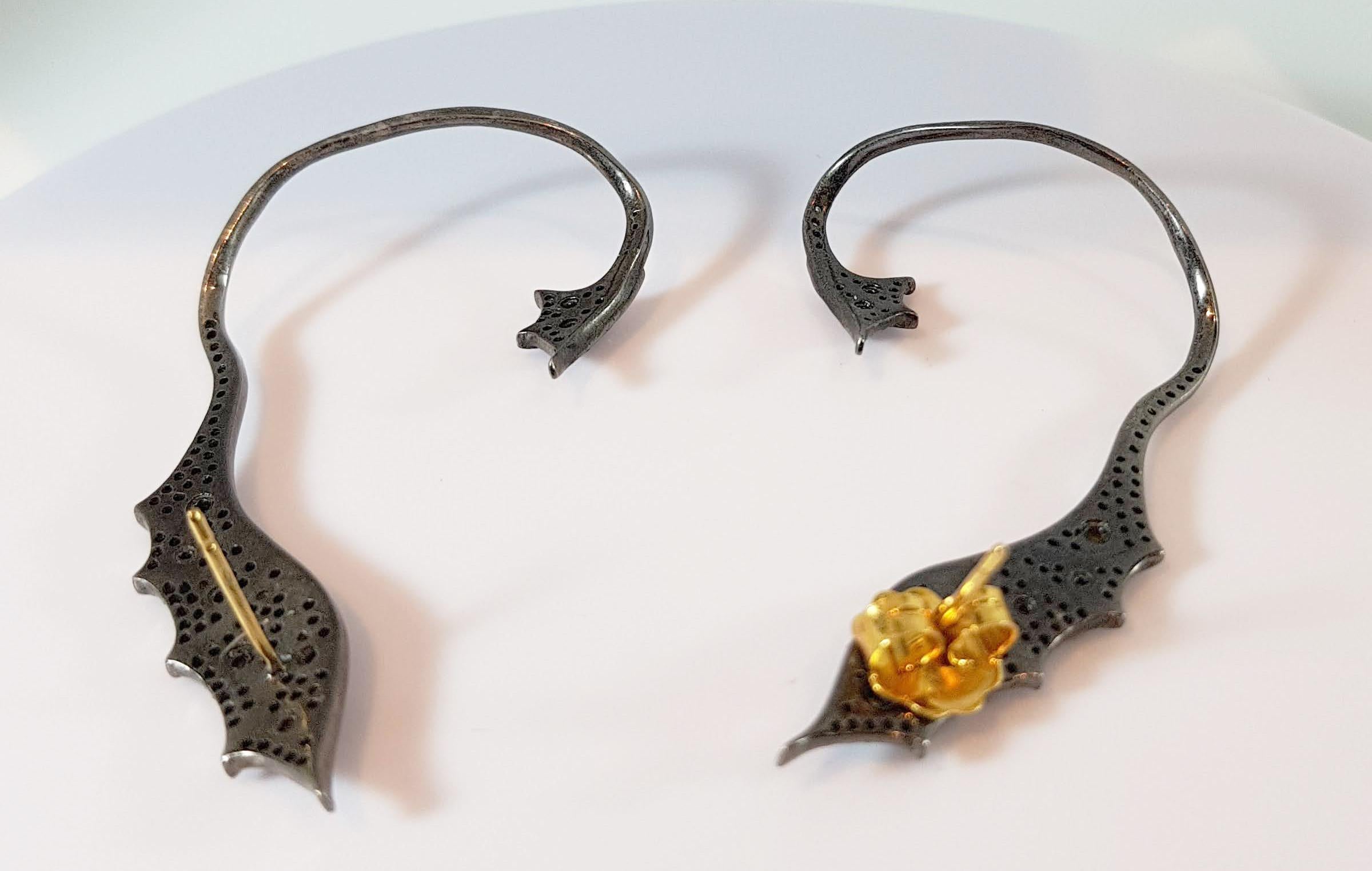 Women's 18 Karat Gold and Silver Dragon Cuff Earrings with Diamonds and Yellow Saphires For Sale