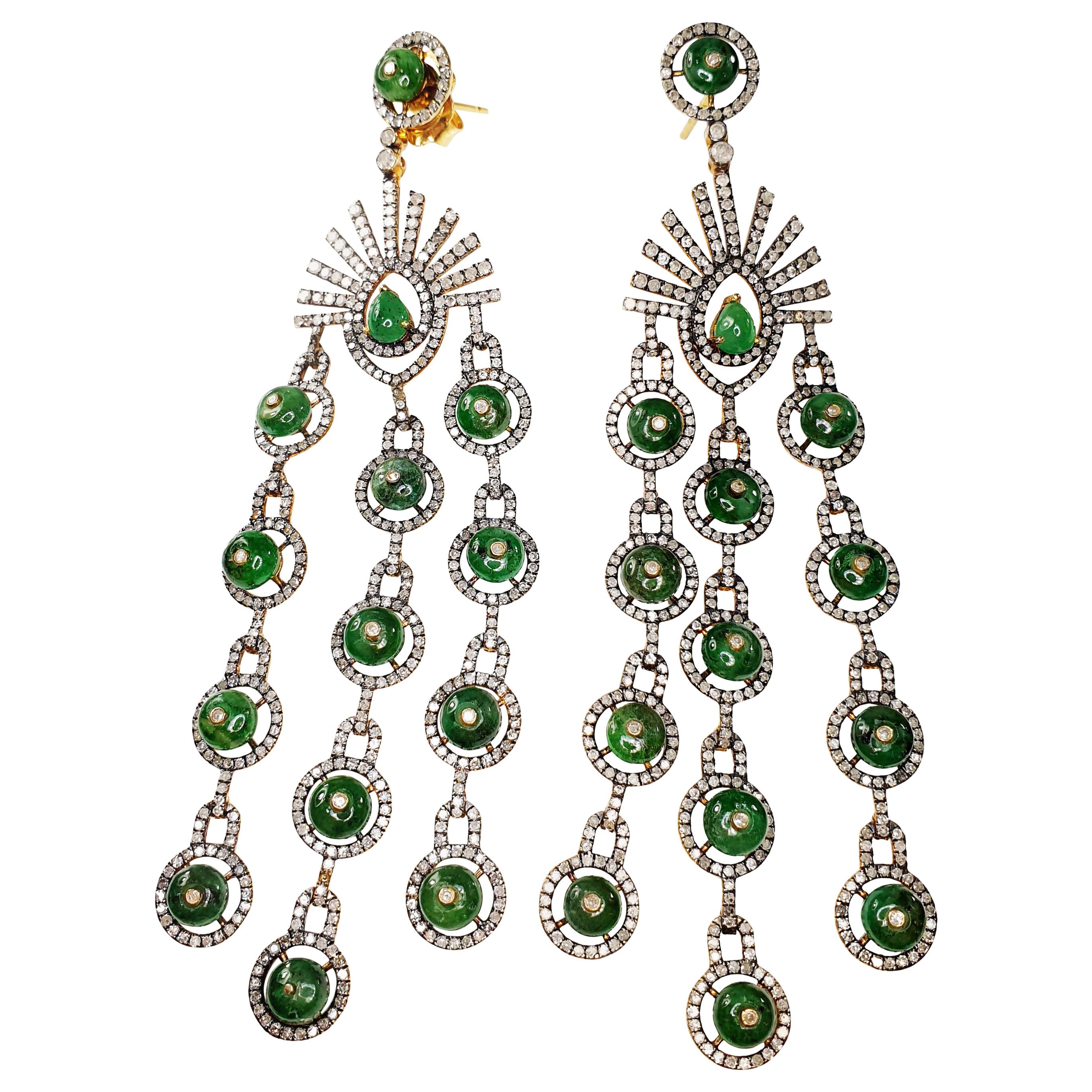 18 Karat Gold and Silver Earrings with Diamonds and Emeralds For Sale