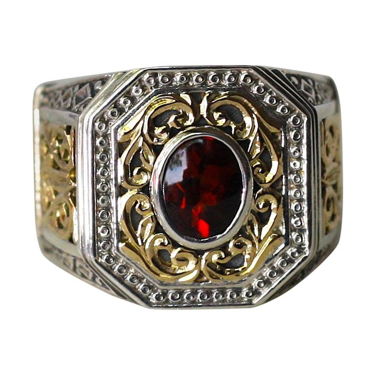 Georgios Collections 18 Karat Gold and Silver Ring with Garnet For Sale