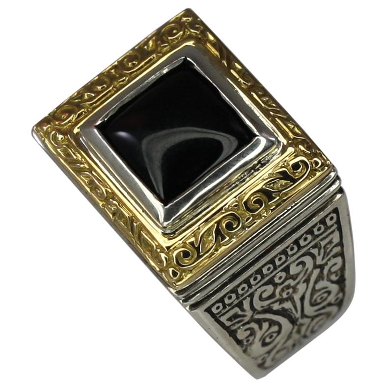 Georgios Collections 18 Karat Gold and Silver Mens Two-Tone Ring with Onyx For Sale