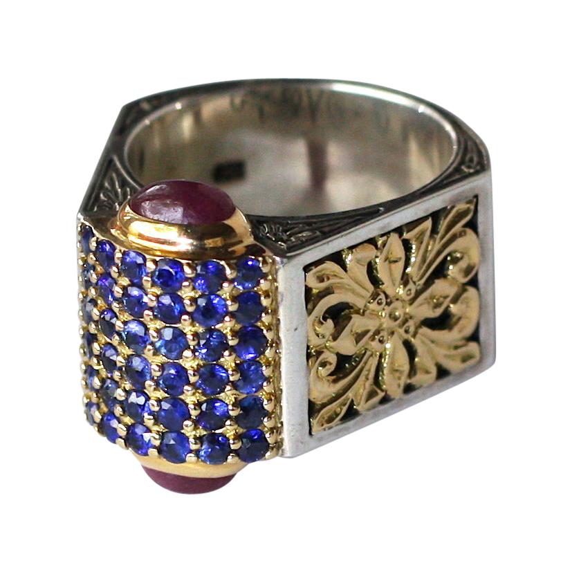 Georgios Collections 18 Karat Gold and Silver Ring with Sapphire and Tourmalines For Sale