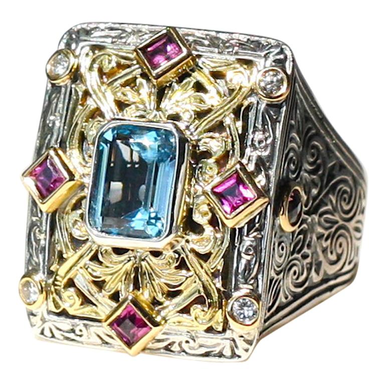 Georgios Collections 18 Karat Gold and Silver Tourmalines and Diamonds Wide Ring For Sale