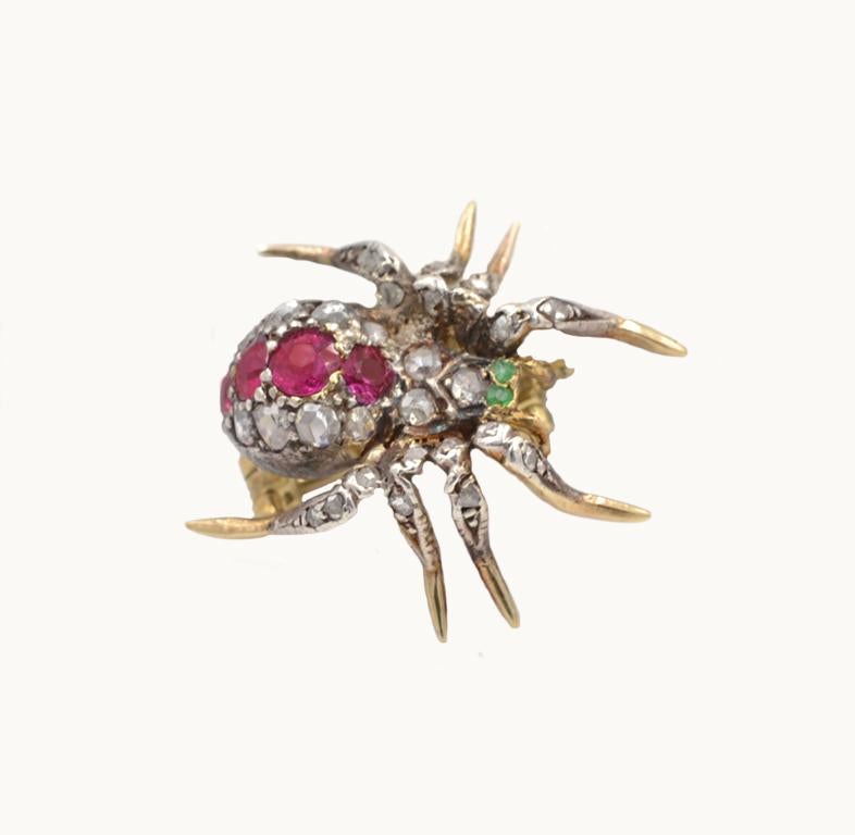 18 Karat Gold and Silver Spider Brooch with Diamonds, Rubies, and Emeralds In Excellent Condition For Sale In Los Angeles, CA