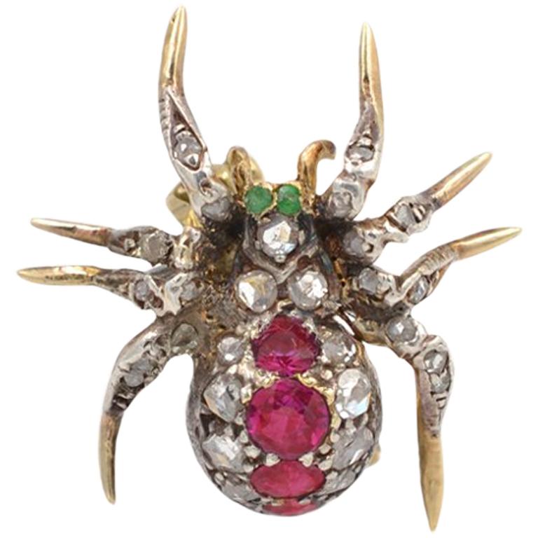 Pin spider brooch rubies emerald sterling silver pin yellow 24 kt gold boxed NWT 