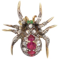 18 Karat Gold and Silver Spider Brooch with Diamonds, Rubies, and Emeralds