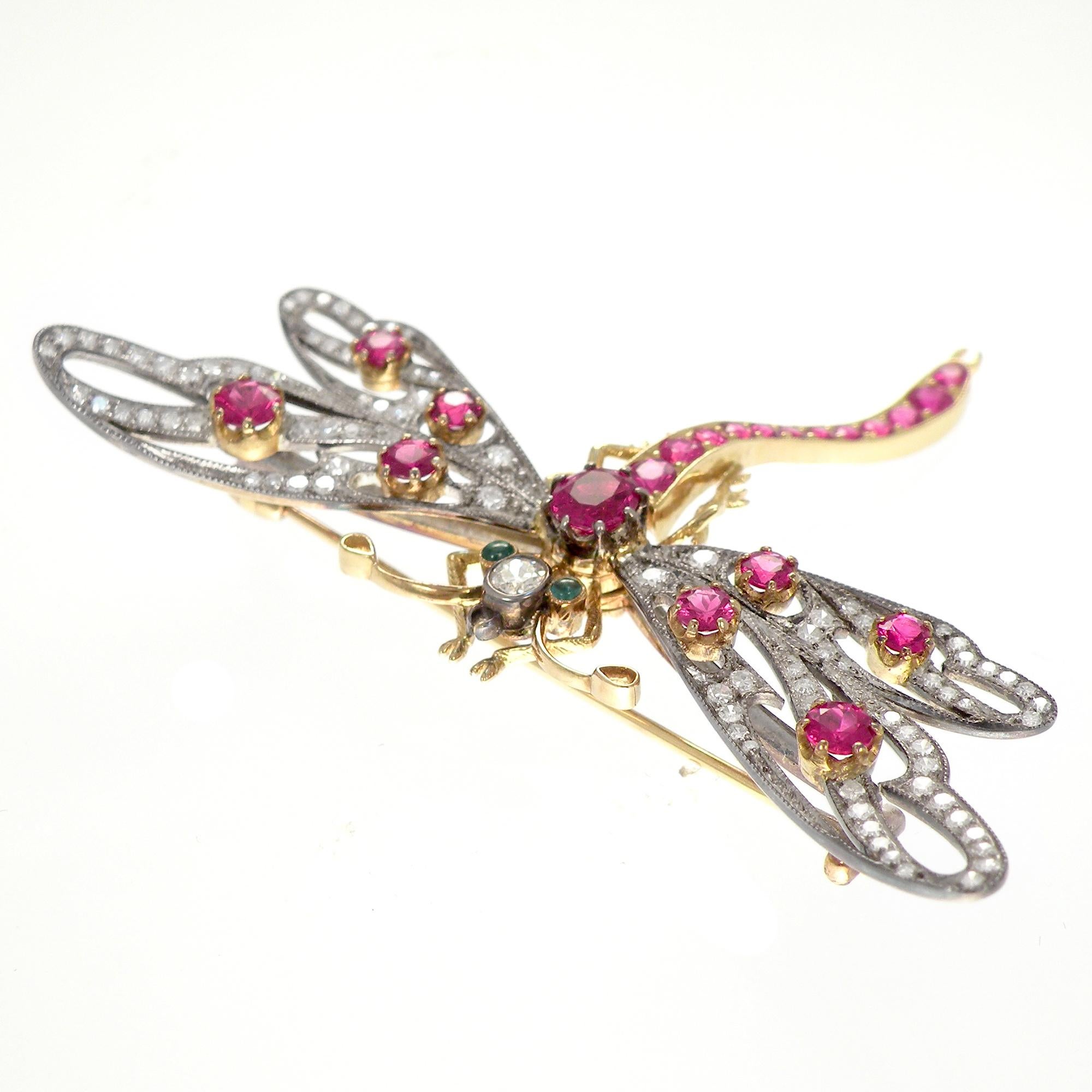 Round Cut 18 Karat Gold and Silver Victorian Inspired Diamonds Ruby Dragonfly Brooch For Sale