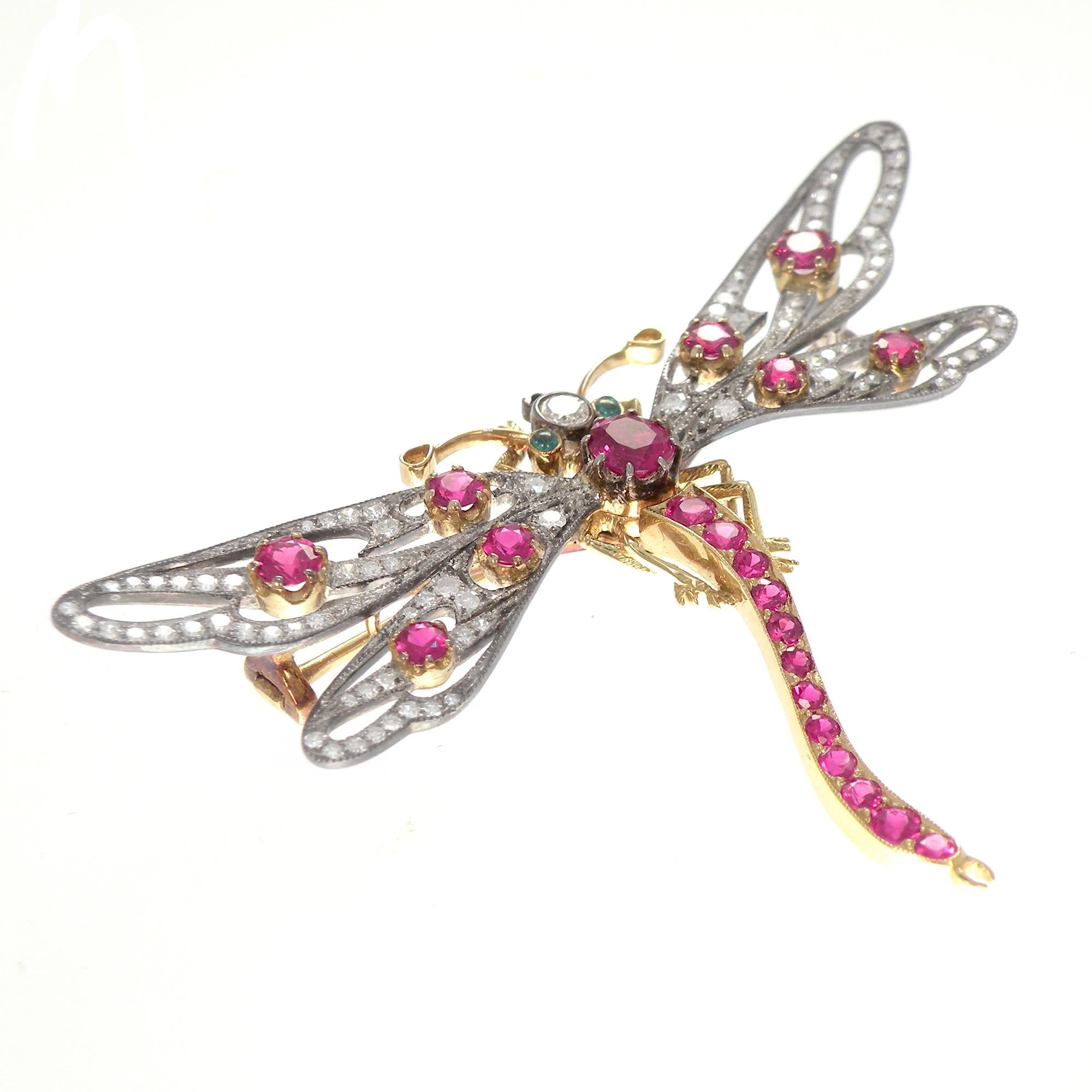 18 Karat Gold and Silver Victorian Inspired Diamonds Ruby Dragonfly Brooch In New Condition For Sale In Bangkok, TH