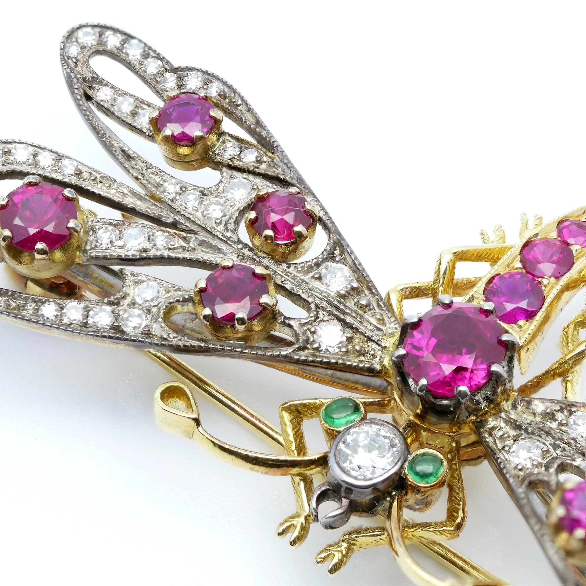 Women's or Men's 18 Karat Gold and Silver Victorian Inspired Diamonds Ruby Dragonfly Brooch For Sale