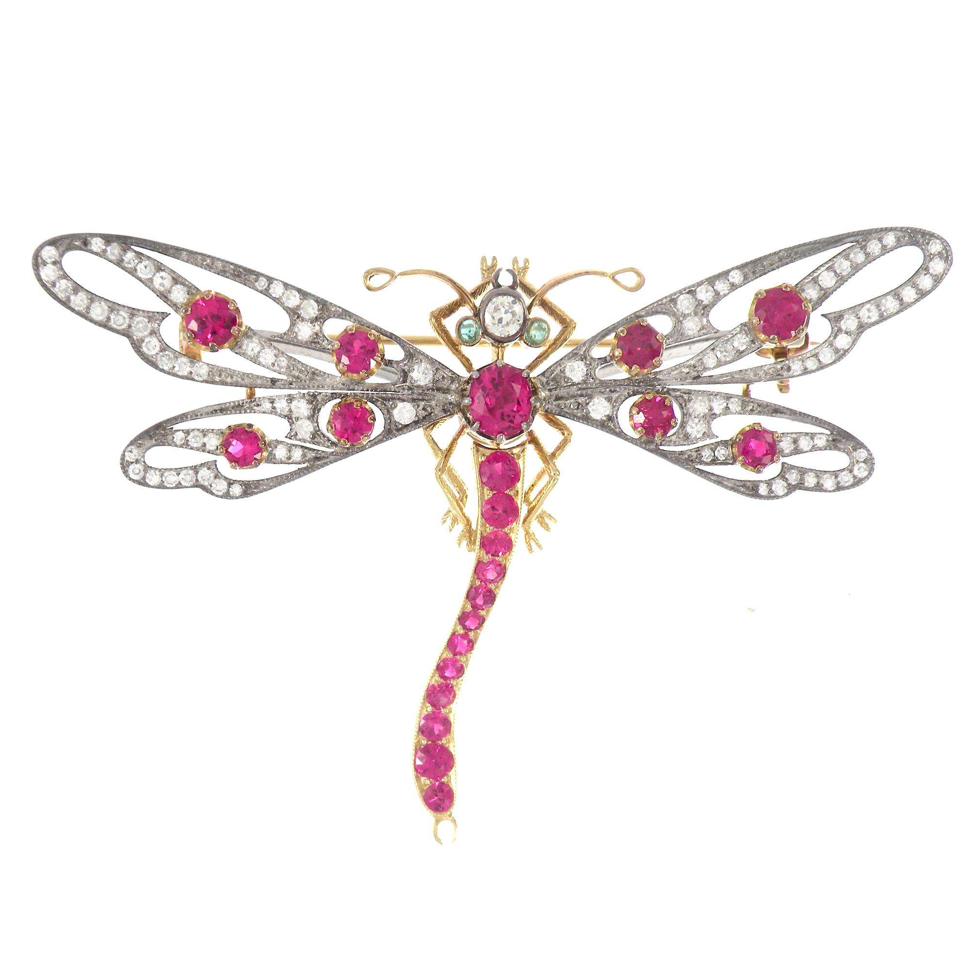 18 Karat Gold and Silver Victorian Inspired Diamonds Ruby Dragonfly Brooch For Sale