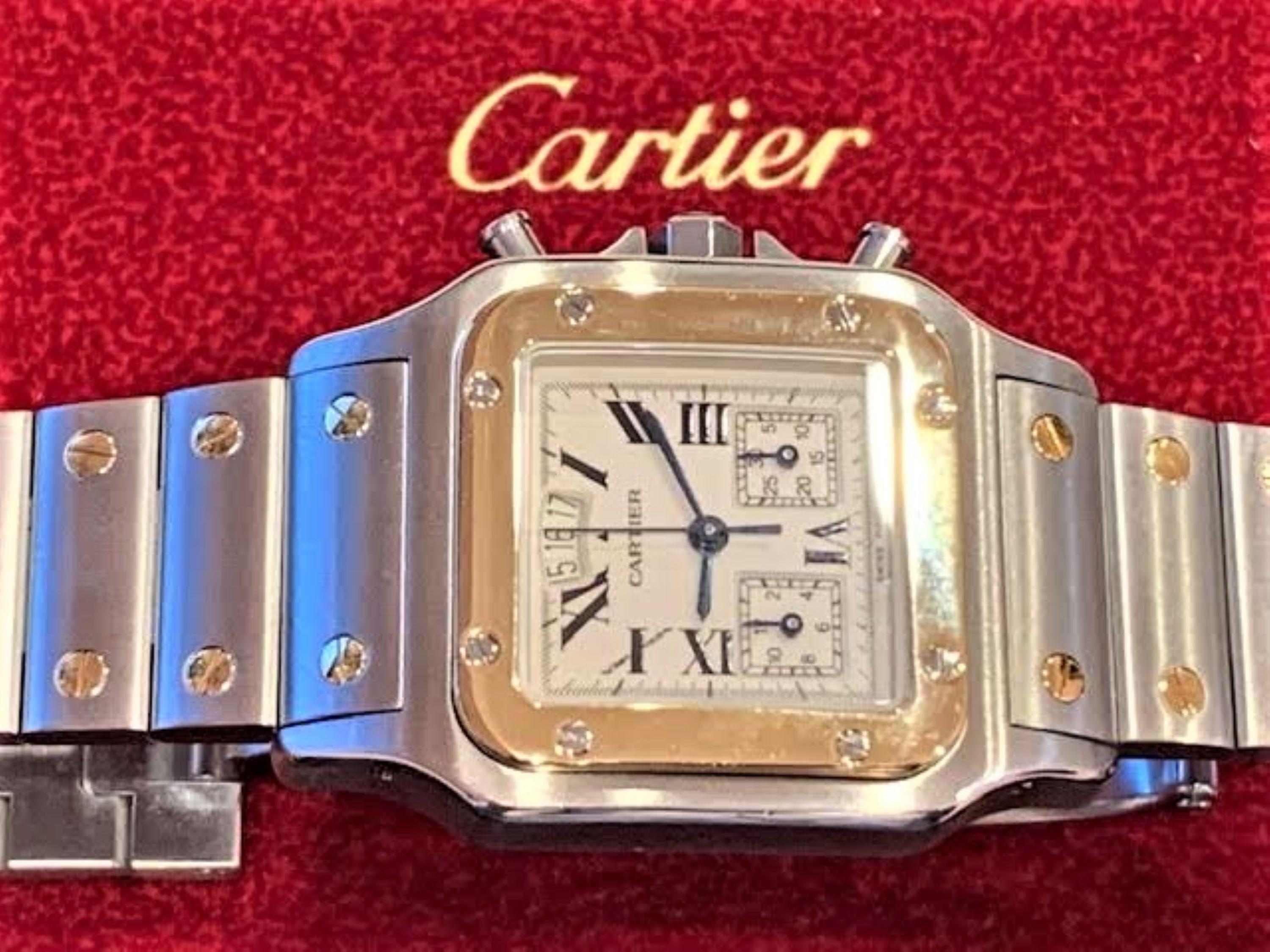 Women's or Men's 18 Karat Gold and Steel Curved Santos De Cartier Wristwatch For Sale