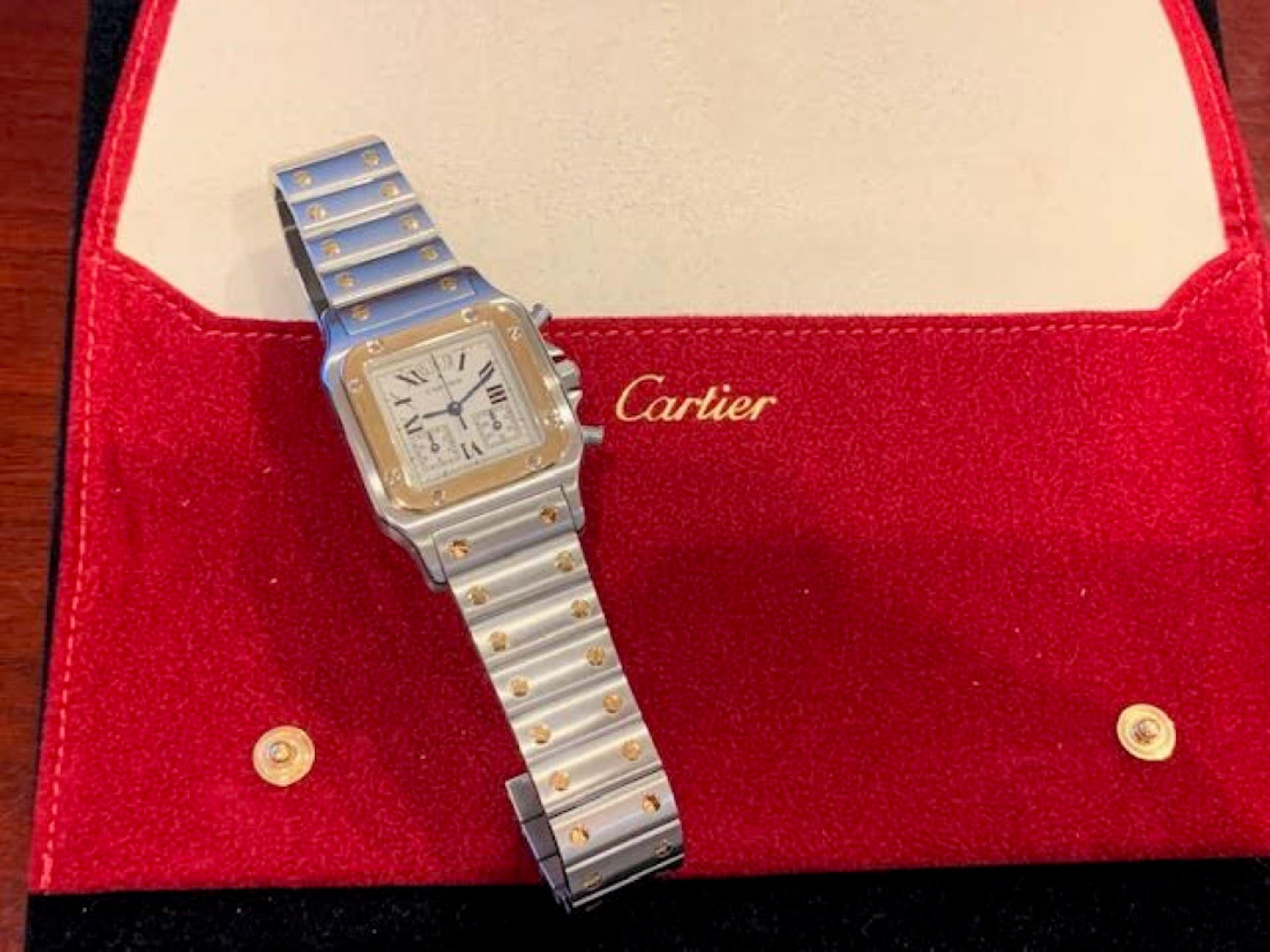 18 Karat Gold and Steel Curved Santos De Cartier Wristwatch For Sale 1
