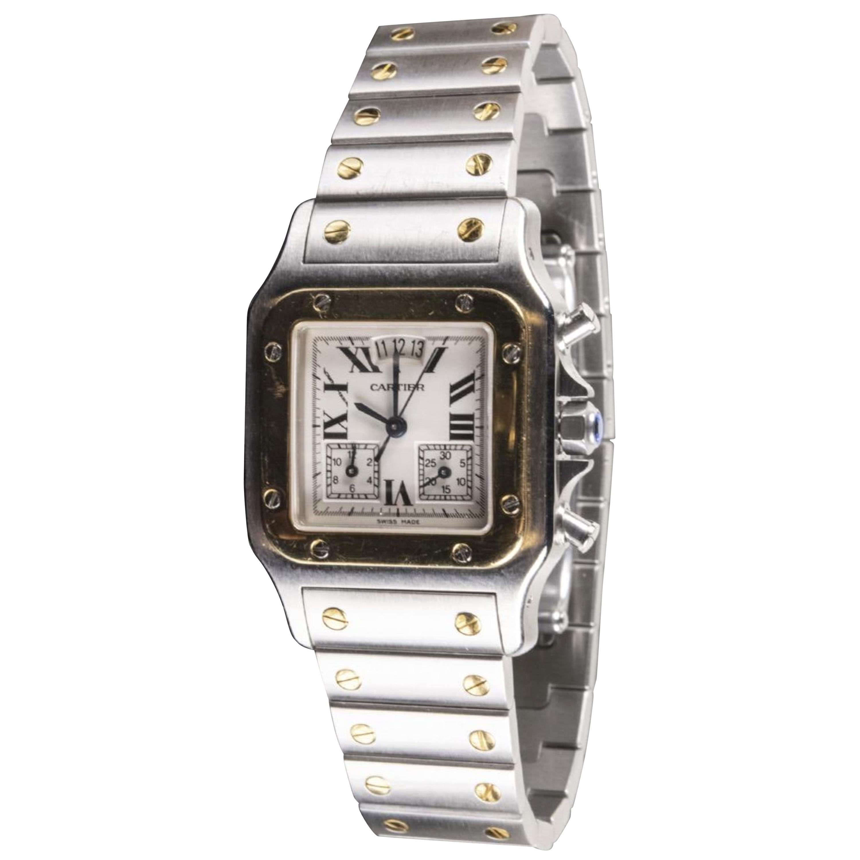 18 Karat Gold and Steel Curved Santos De Cartier Wristwatch For Sale
