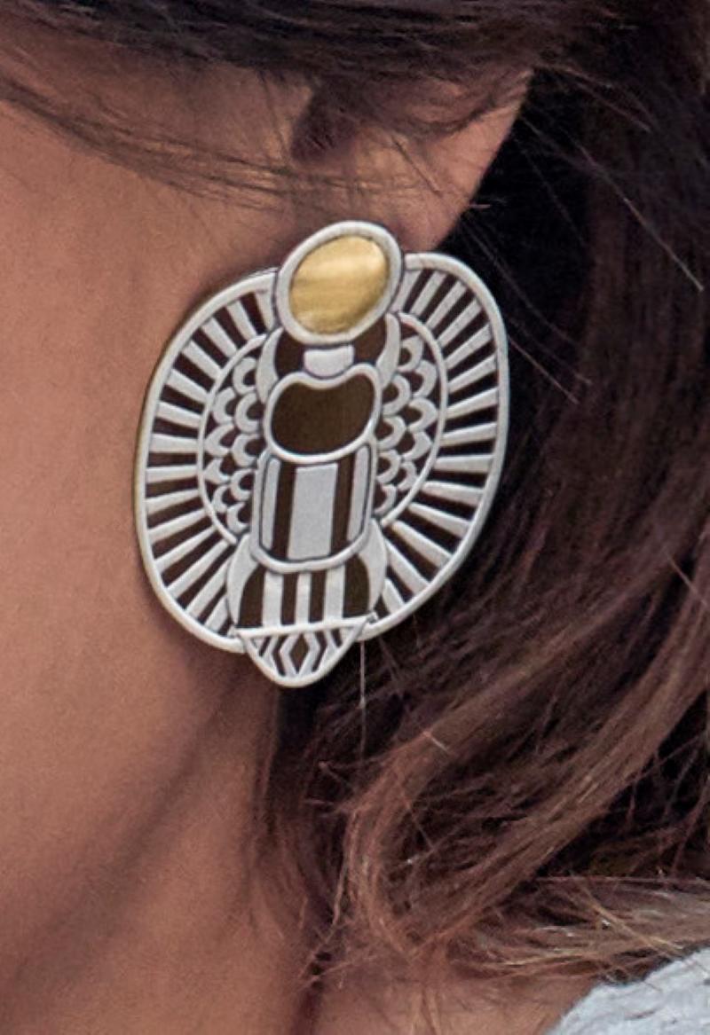 Egyptian Revival 18 Karat Gold and Sterling Silver Abstract Scarab Earrings For Sale