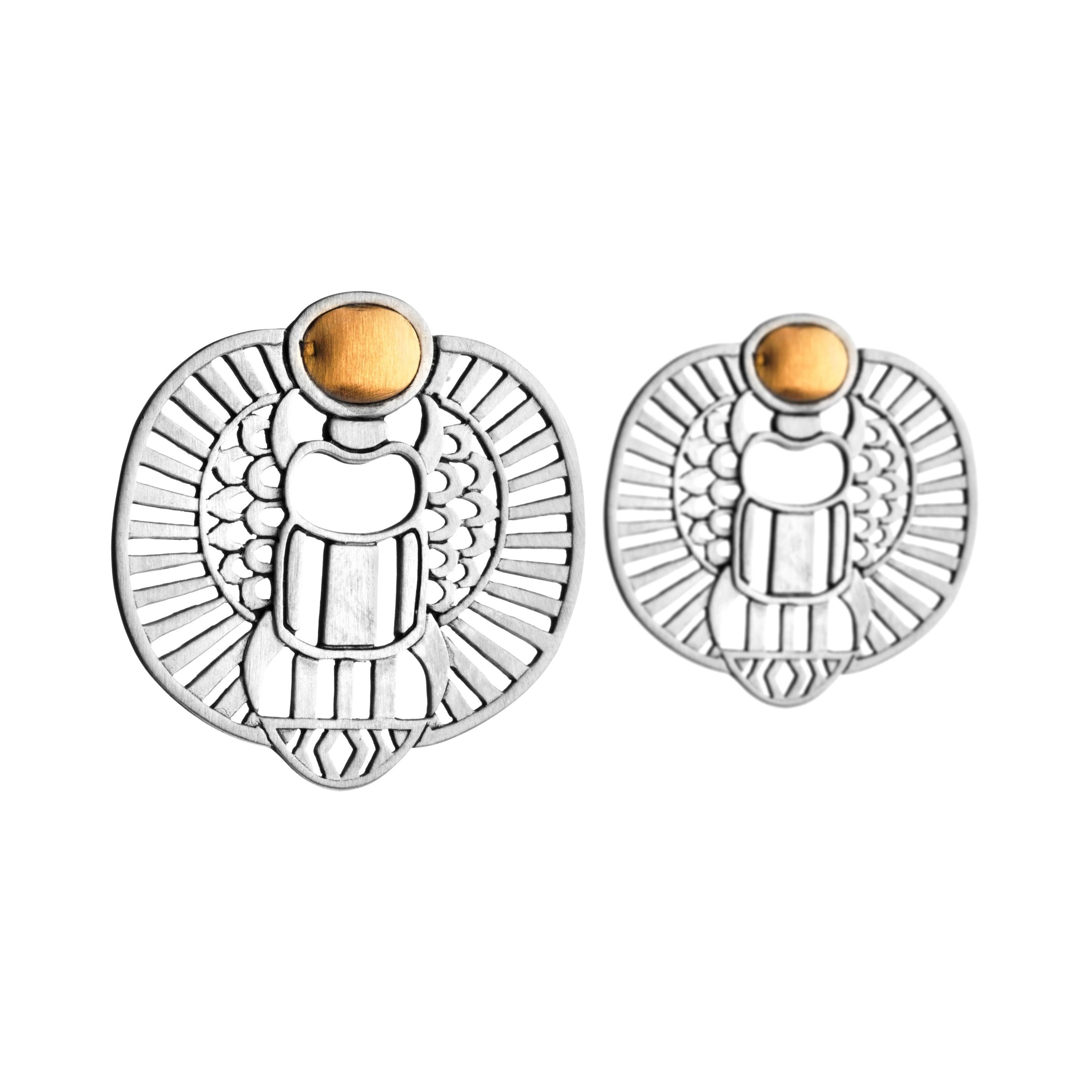 18 Karat Gold and Sterling Silver Abstract Scarab Earrings For Sale