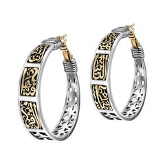 18 Karat Gold and Sterling Silver Classic Calligraphy Hoop Earrings