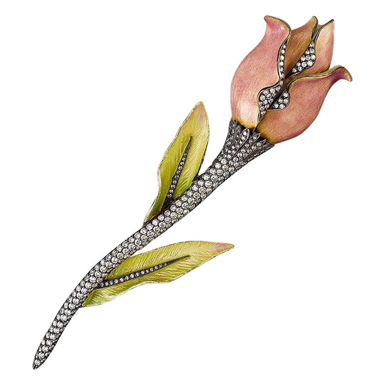 18 Karat Gold and Sterling Silver Enamel Rose Brooch with 4.31 Carat Diamonds For Sale
