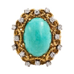 Vintage 18 Karat Gold and Turquoise with Diamonds Cocktail Ring