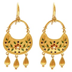 18 Karat Gold and Vegetal Enamel Decoration Earrings