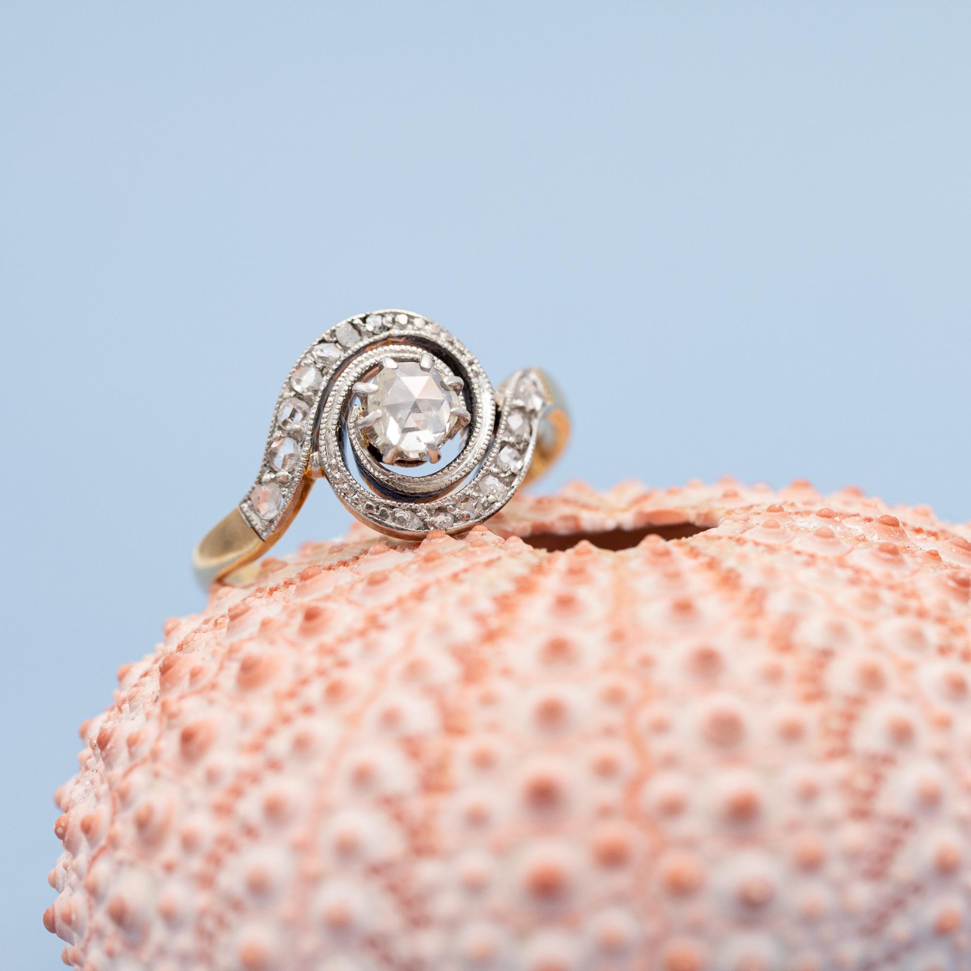 Rose Cut 18 karat gold Antique Engagement ring - rose diamonds - Edwardian tourbillon