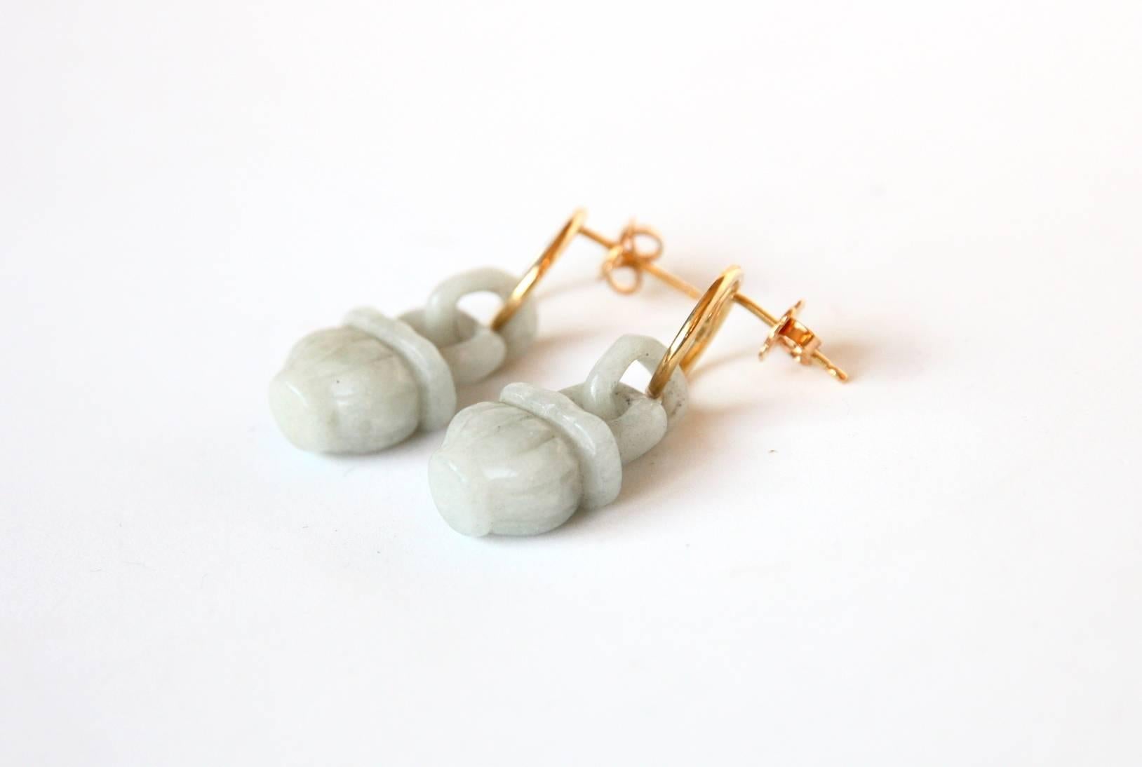 Artisan 18 Karat Gold Antique Jade Earrings For Sale