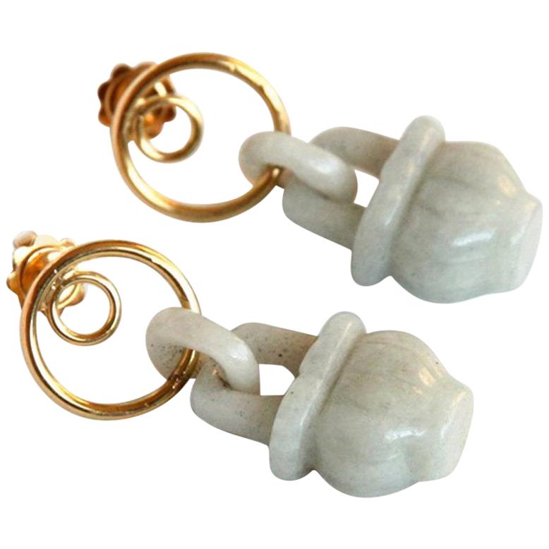 18 Karat Gold Antique Jade Earrings