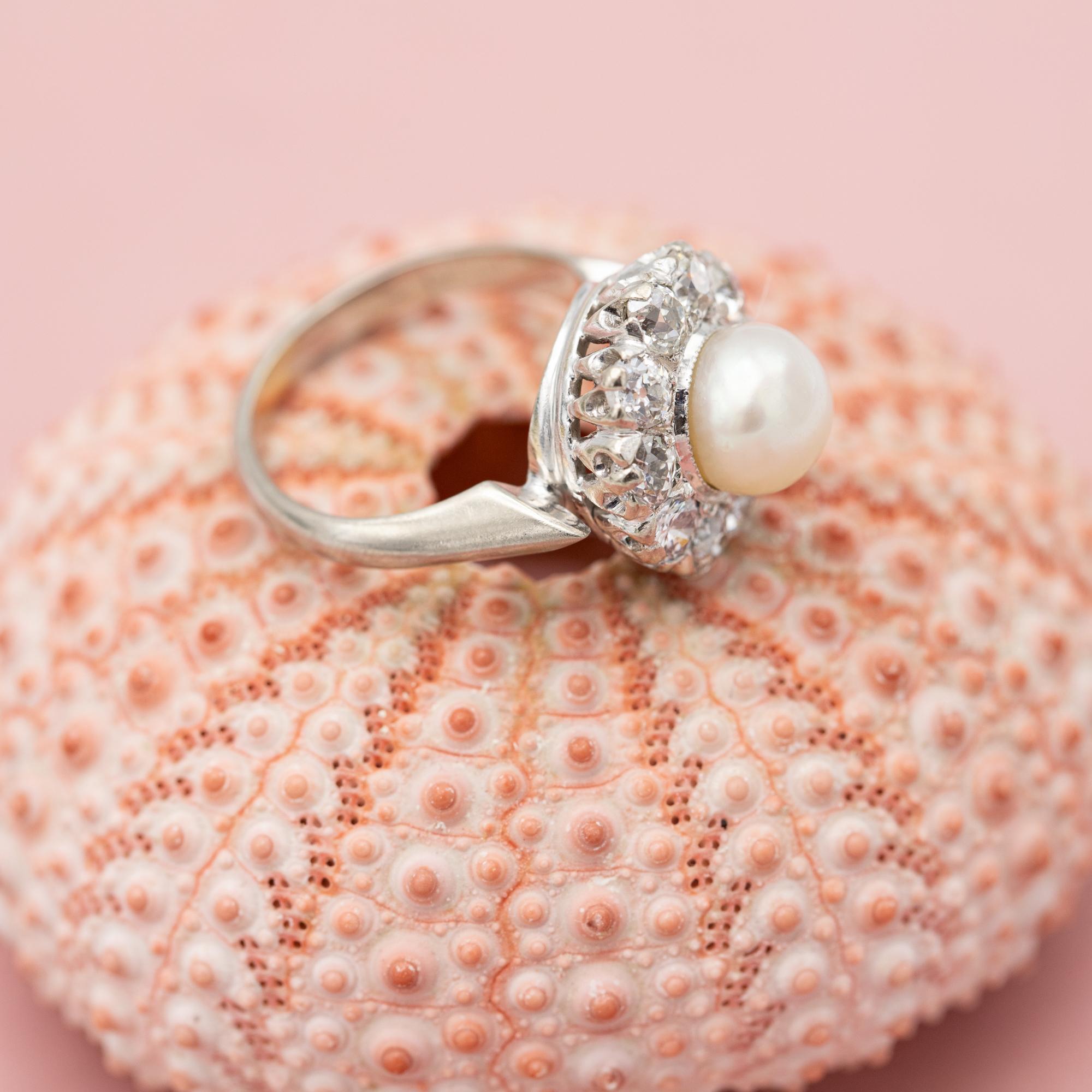 18 karat gold Antique pearl Engagement ring - Edwardian Old miner cut diamonds 9