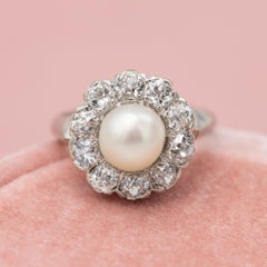 18 karat gold Antique pearl Engagement ring - Edwardian Old miner cut diamonds