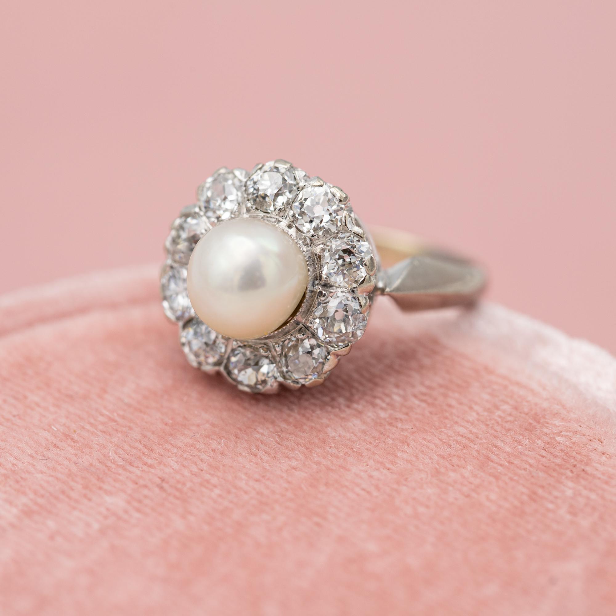 Old Mine Cut 18 karat gold Antique pearl Engagement ring - Edwardian Old miner cut diamonds