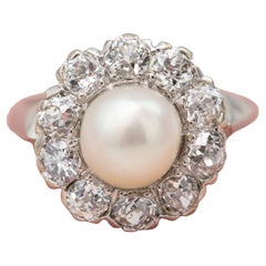 18 karat gold Antique pearl Engagement ring - Edwardian Old miner cut diamonds