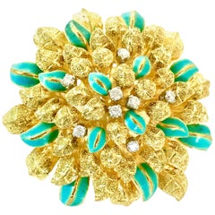 18 Karat Gold Aqua Enameled Handmade Flower, Zinnia Brooch with Loop for Pendant