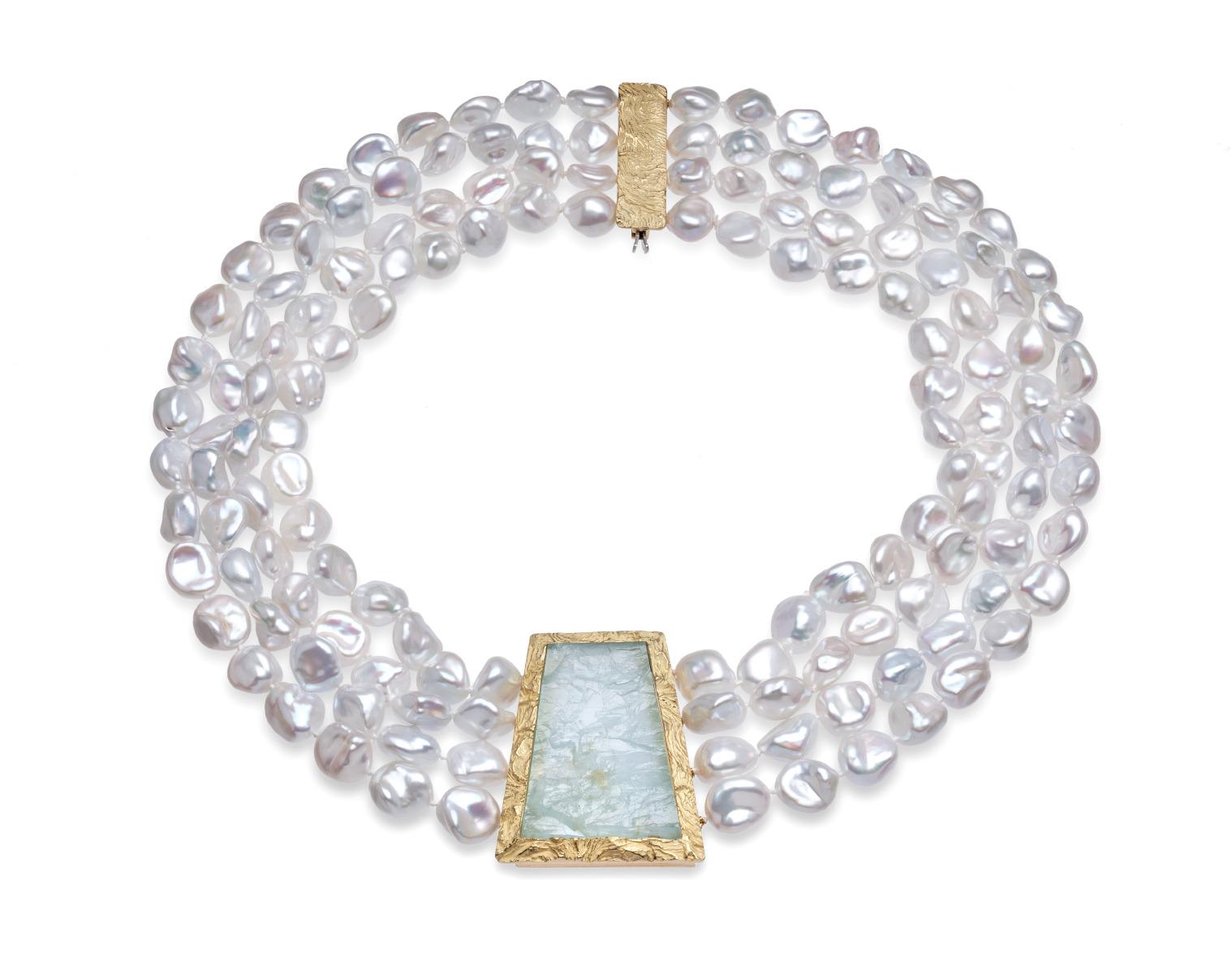 Rough Cut 18 Karat Gold Aquamarine and Freshwater Keshi Pearl Necklace, by Gloria Bass For Sale