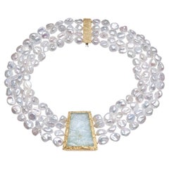 18 Karat Gold Aquamarine and Freshwater Keshi Pearl Necklace, by Gloria Bass