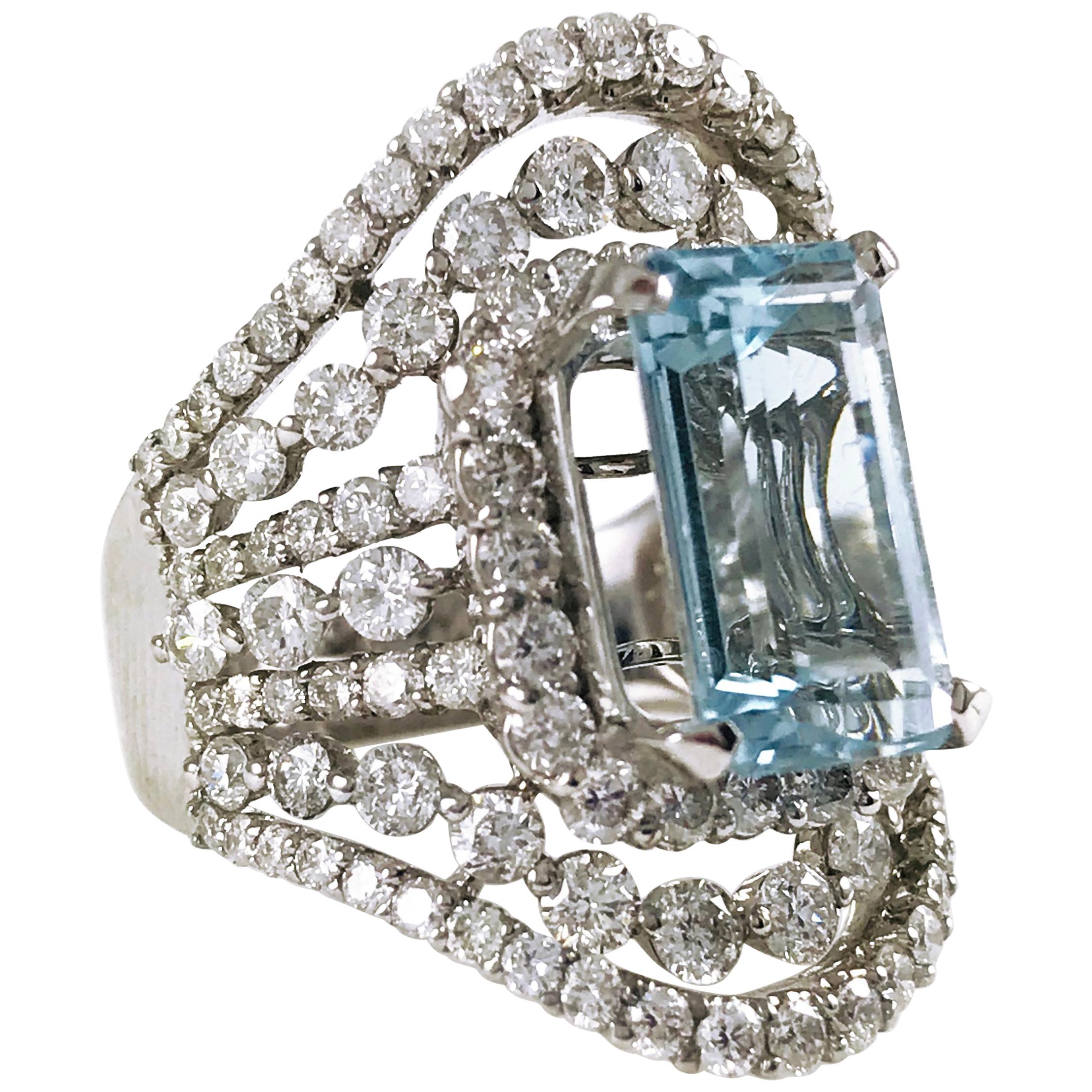 Step-Cut Aquamarine Cocktail Ring, 6.5 Carats For Sale