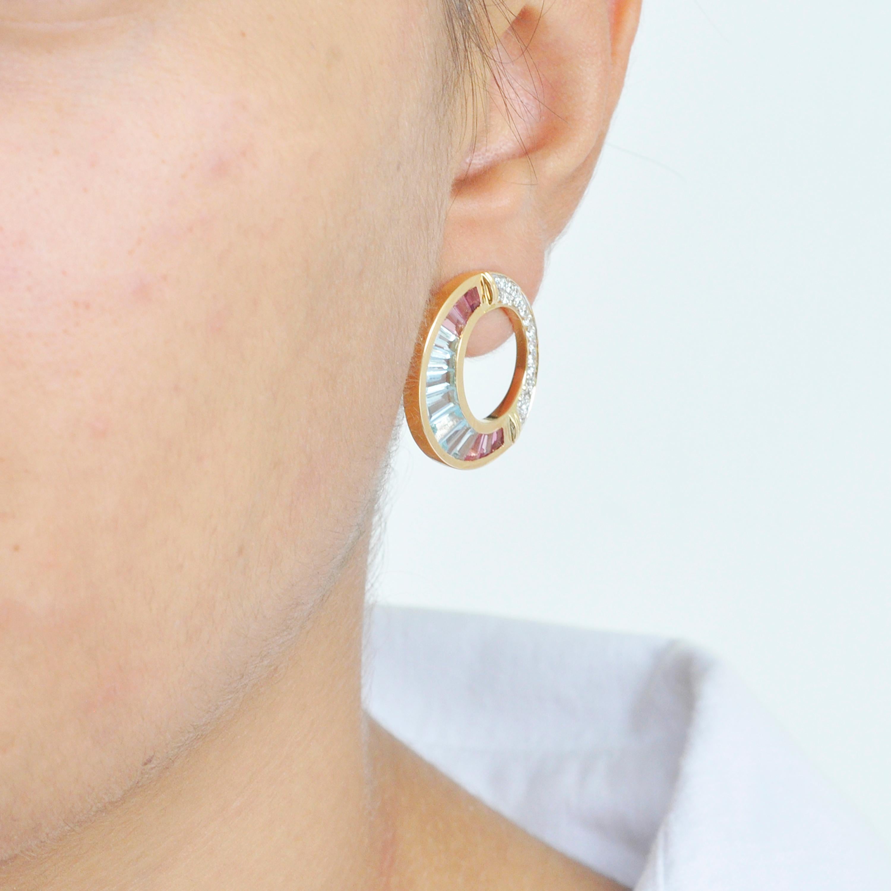 18 K Gold Aquamarine Pink Tourmaline Baguette Diamond Art Deco Style Earrings 3