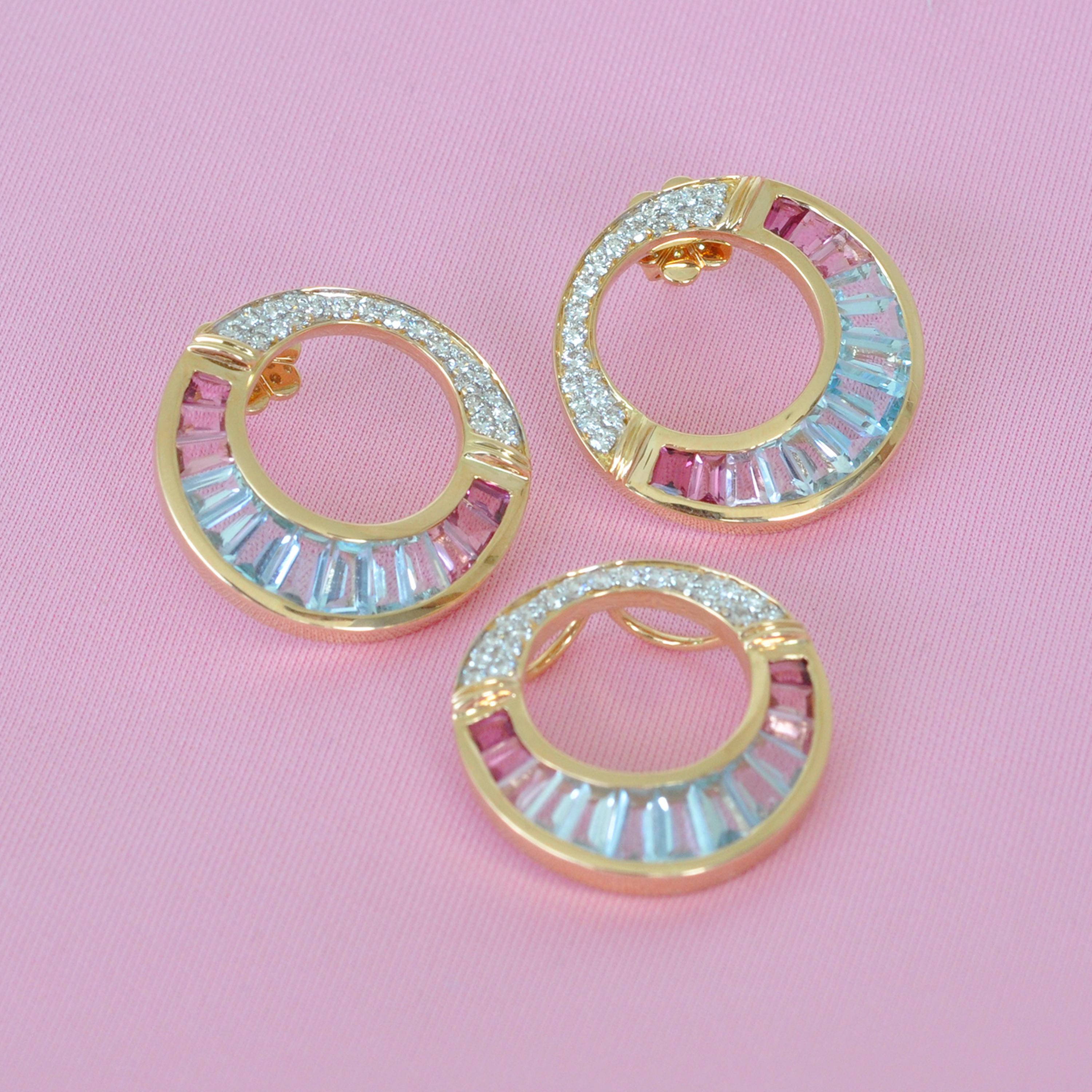 18 K Gold Aquamarine Pink Tourmaline Baguette Diamond Art Deco Style Earrings 4