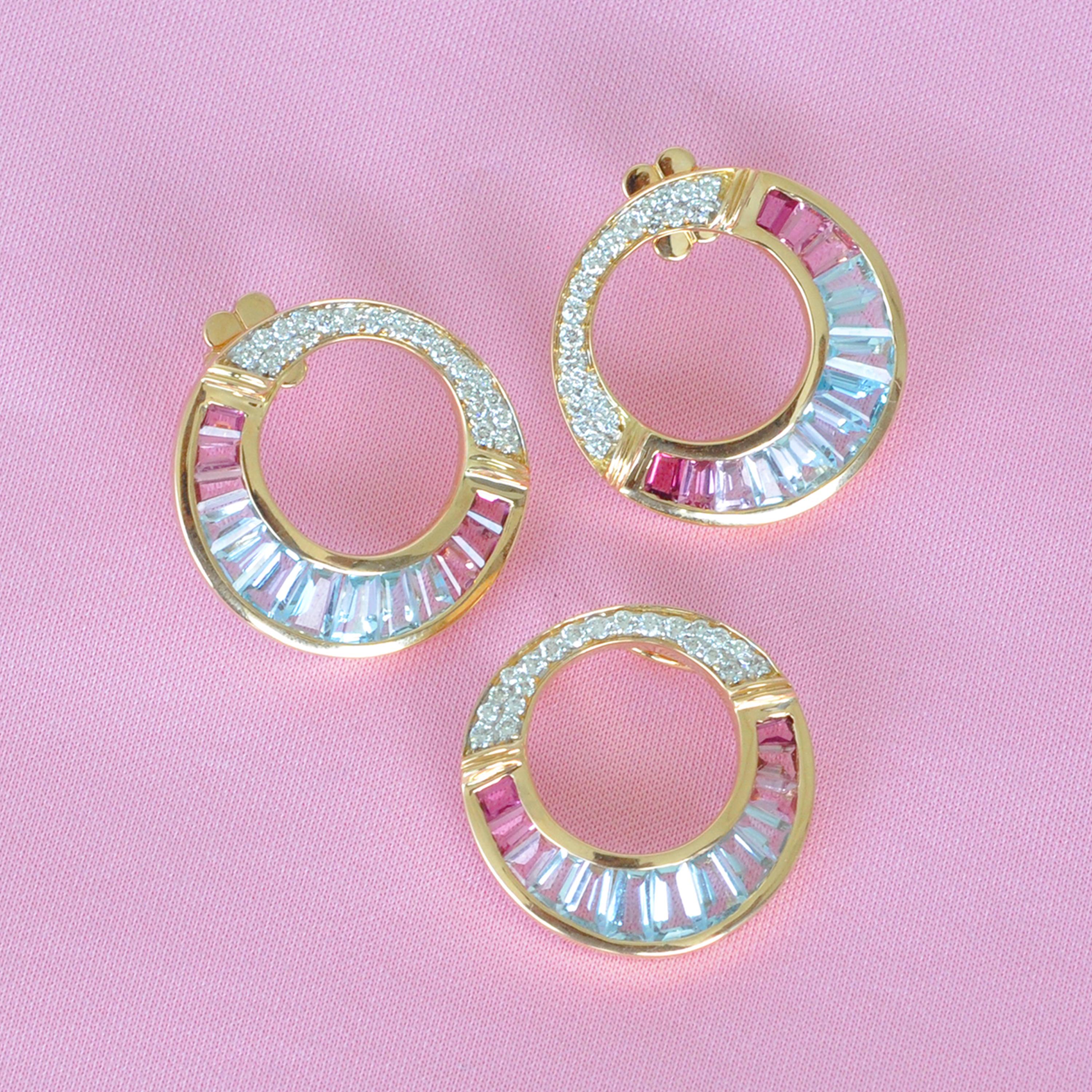 18 K Gold Aquamarine Pink Tourmaline Baguette Diamond Art Deco Style Earrings 5