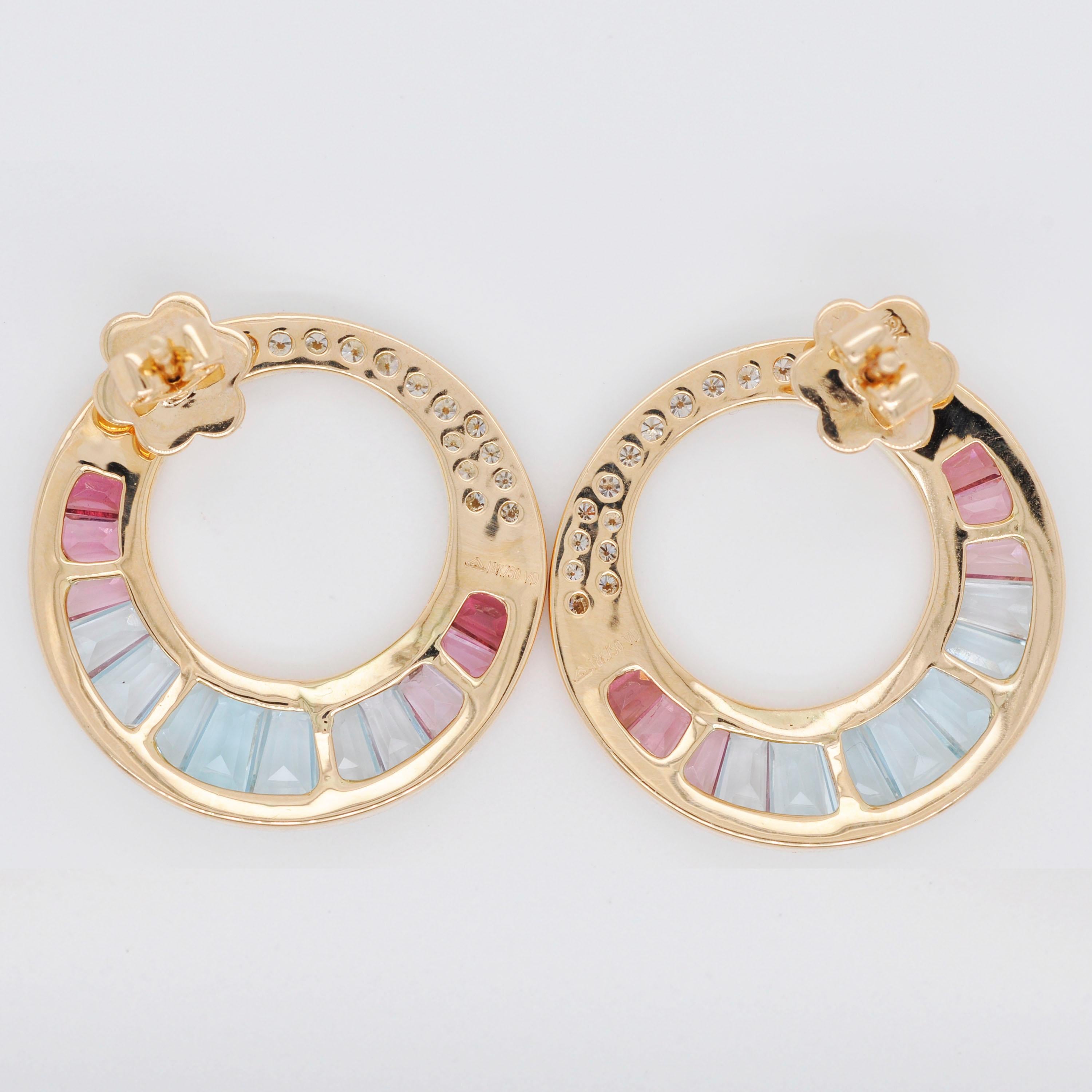 Contemporary 18 K Gold Aquamarine Pink Tourmaline Baguette Diamond Art Deco Style Earrings