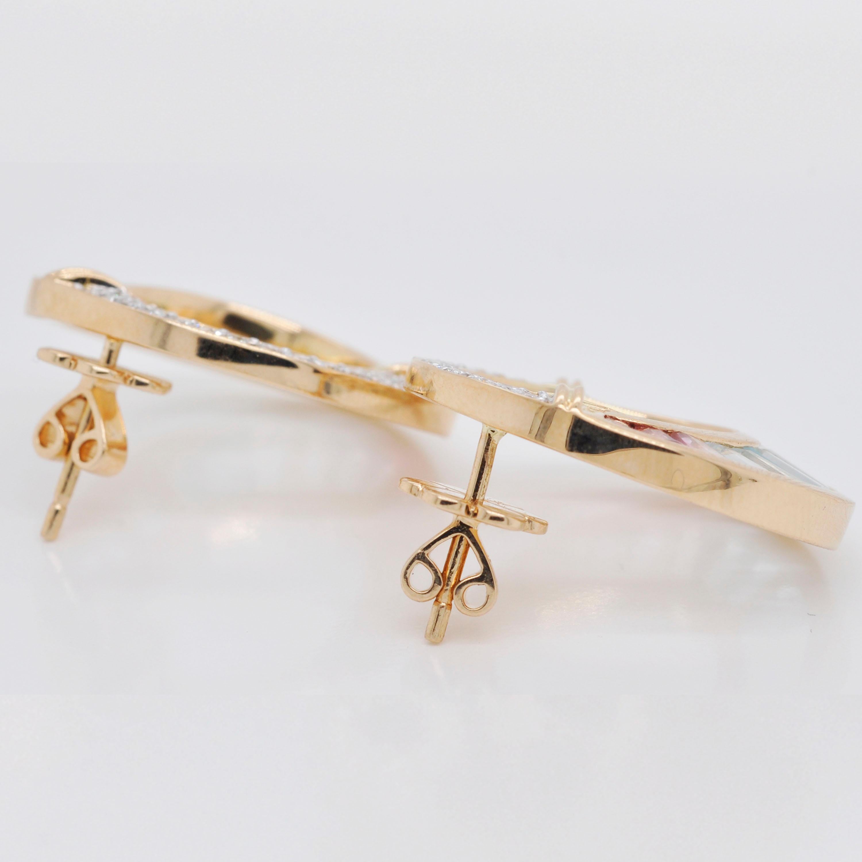 Tapered Baguette 18 K Gold Aquamarine Pink Tourmaline Baguette Diamond Art Deco Style Earrings
