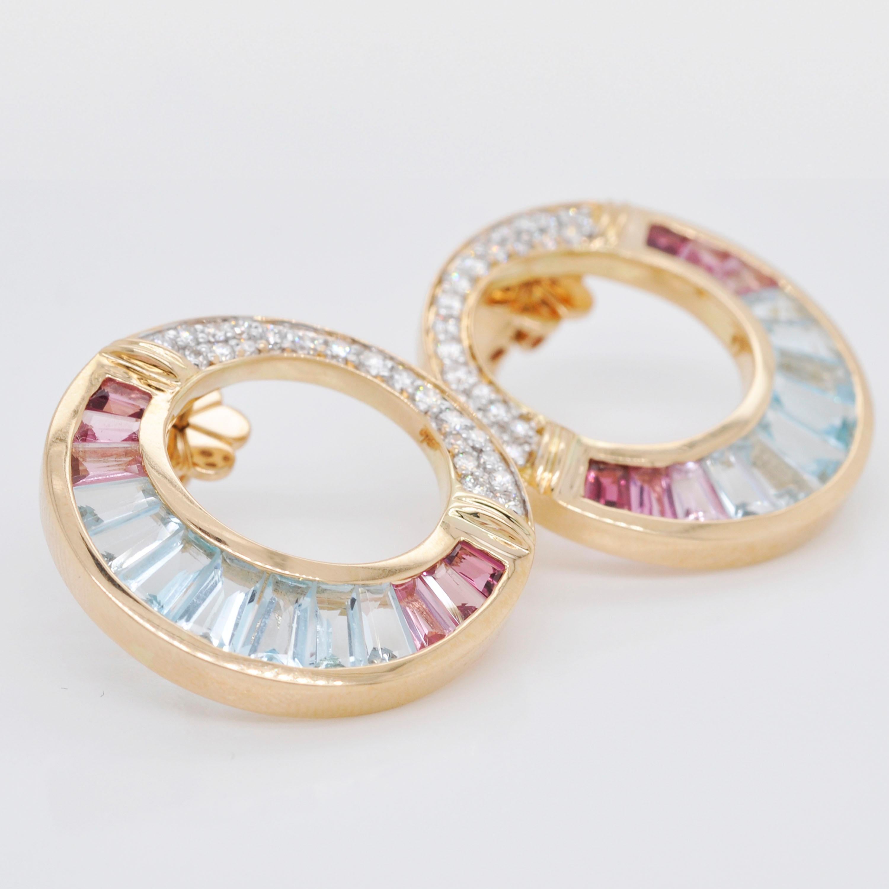 18 K Gold Aquamarine Pink Tourmaline Baguette Diamond Art Deco Style Earrings In New Condition In Jaipur, Rajasthan