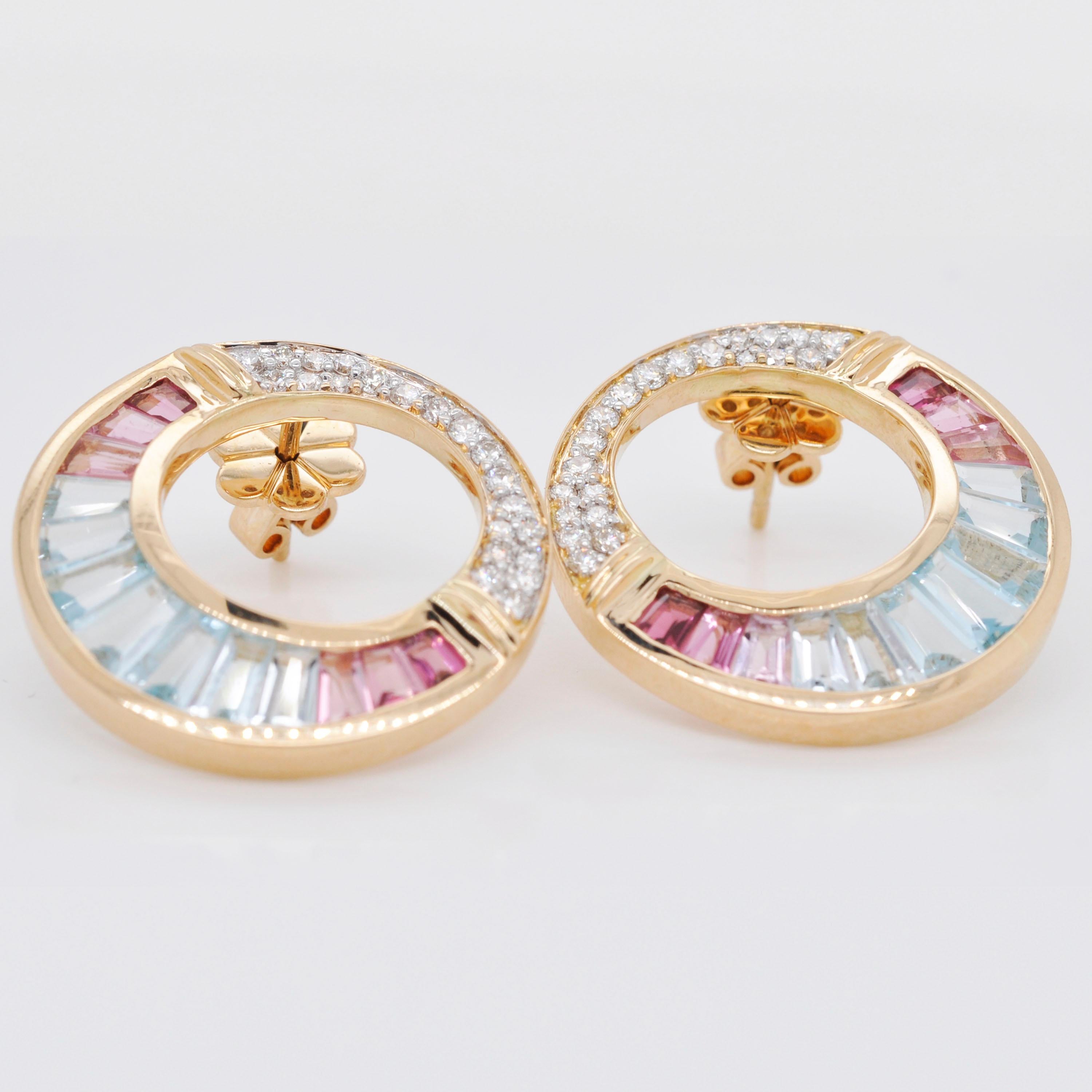 Women's 18 K Gold Aquamarine Pink Tourmaline Baguette Diamond Art Deco Style Earrings