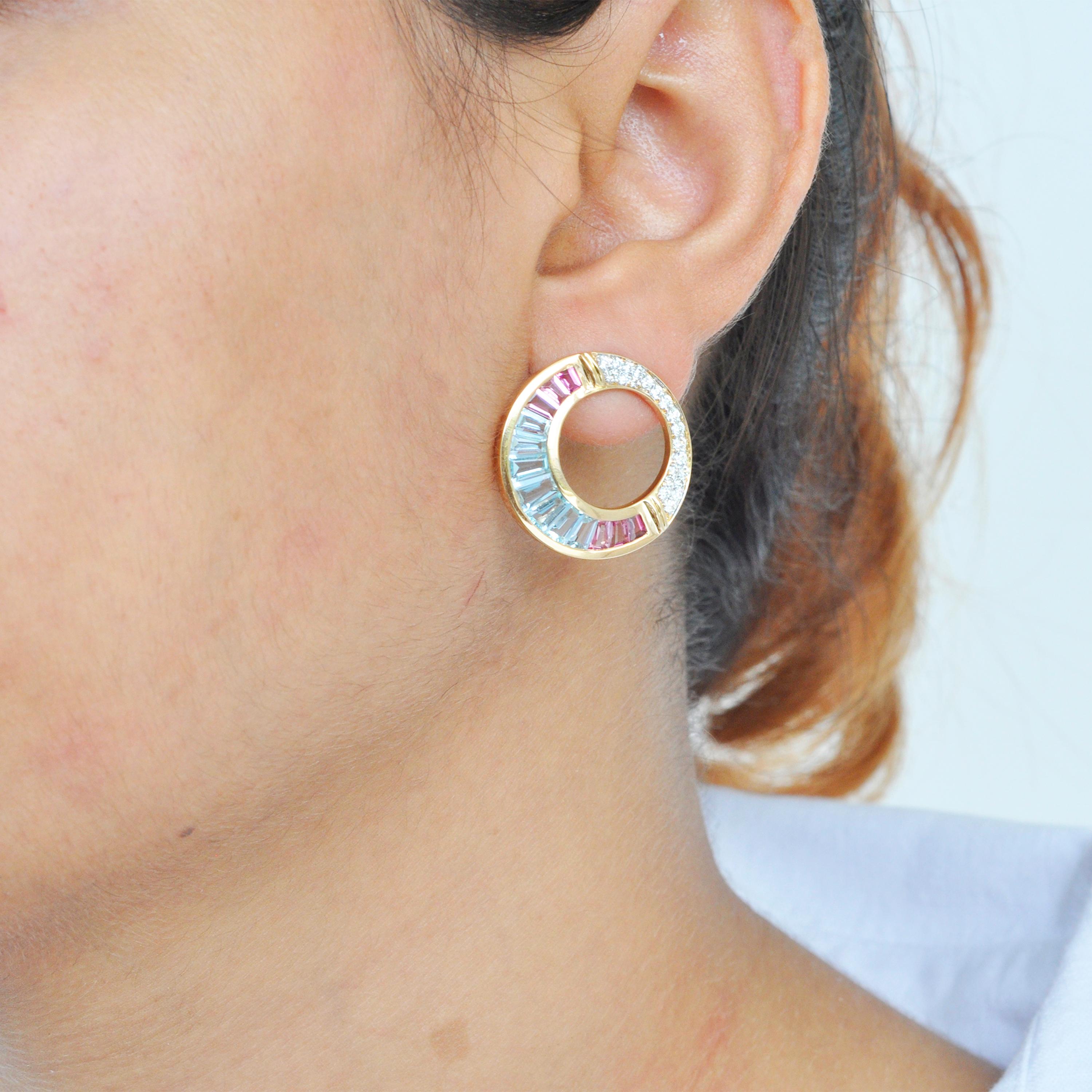 18 K Gold Aquamarine Pink Tourmaline Baguette Diamond Art Deco Style Earrings 1