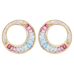 18 K Gold Aquamarine Pink Tourmaline Baguette Diamond Art Deco Style Earrings