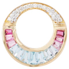 18 K Gold Aquamarine Pink Tourmaline Baguette Diamond Art Deco Style Pendant