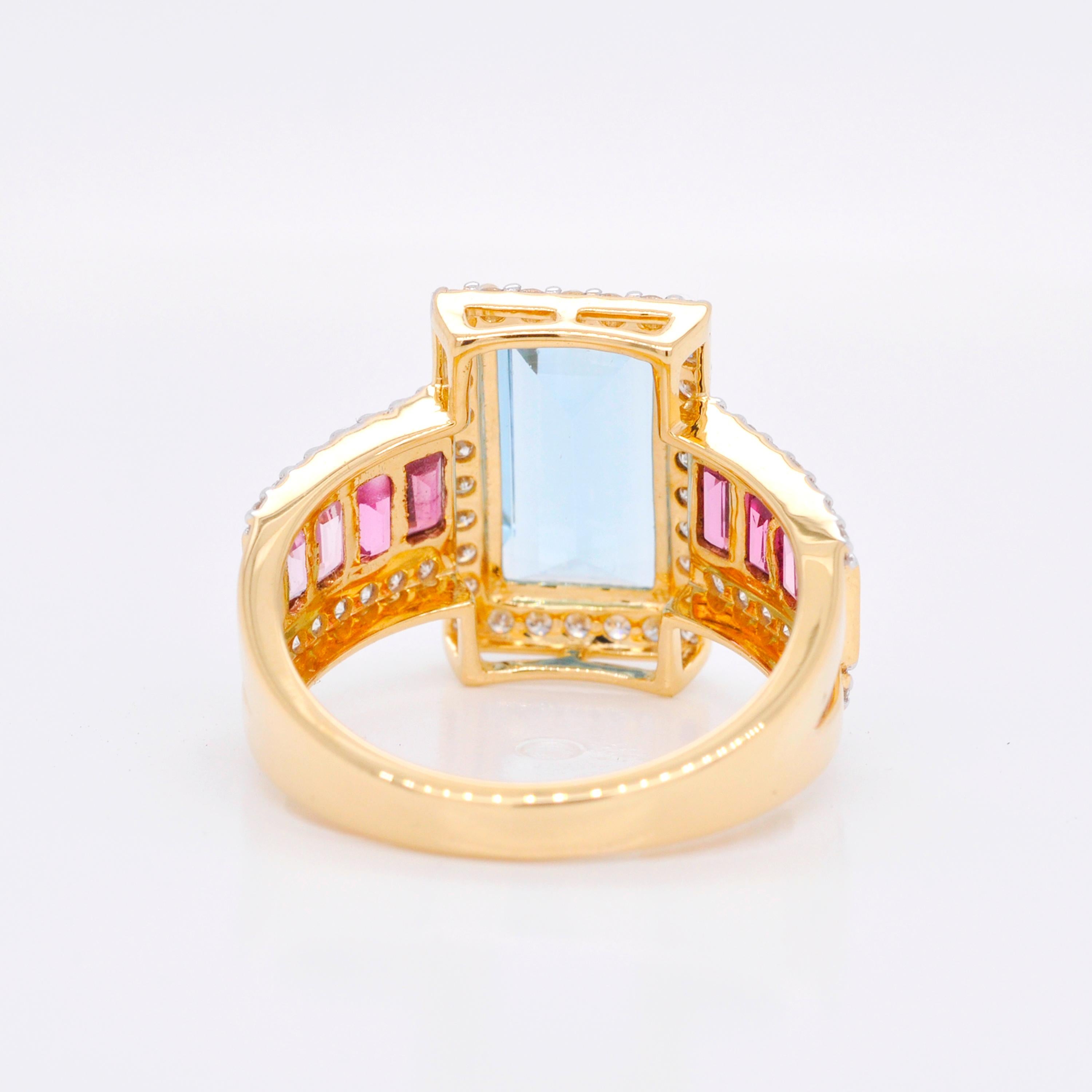 18 Karat Gold Aquamarine Pink Tourmaline Baguette Engagement Diamond Ring For Sale 4