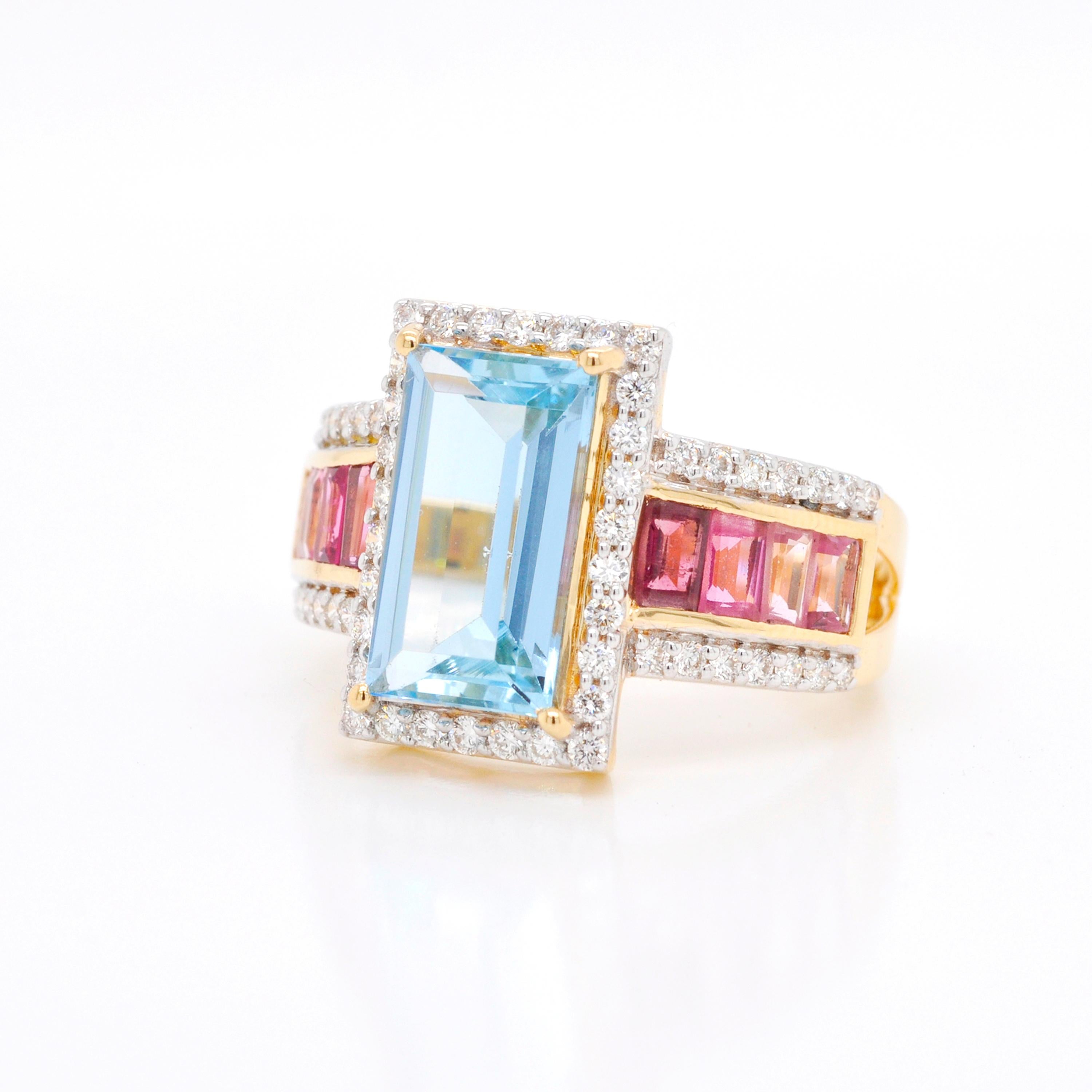 Art Deco 18 Karat Gold Aquamarine Pink Tourmaline Baguette Engagement Diamond Ring For Sale