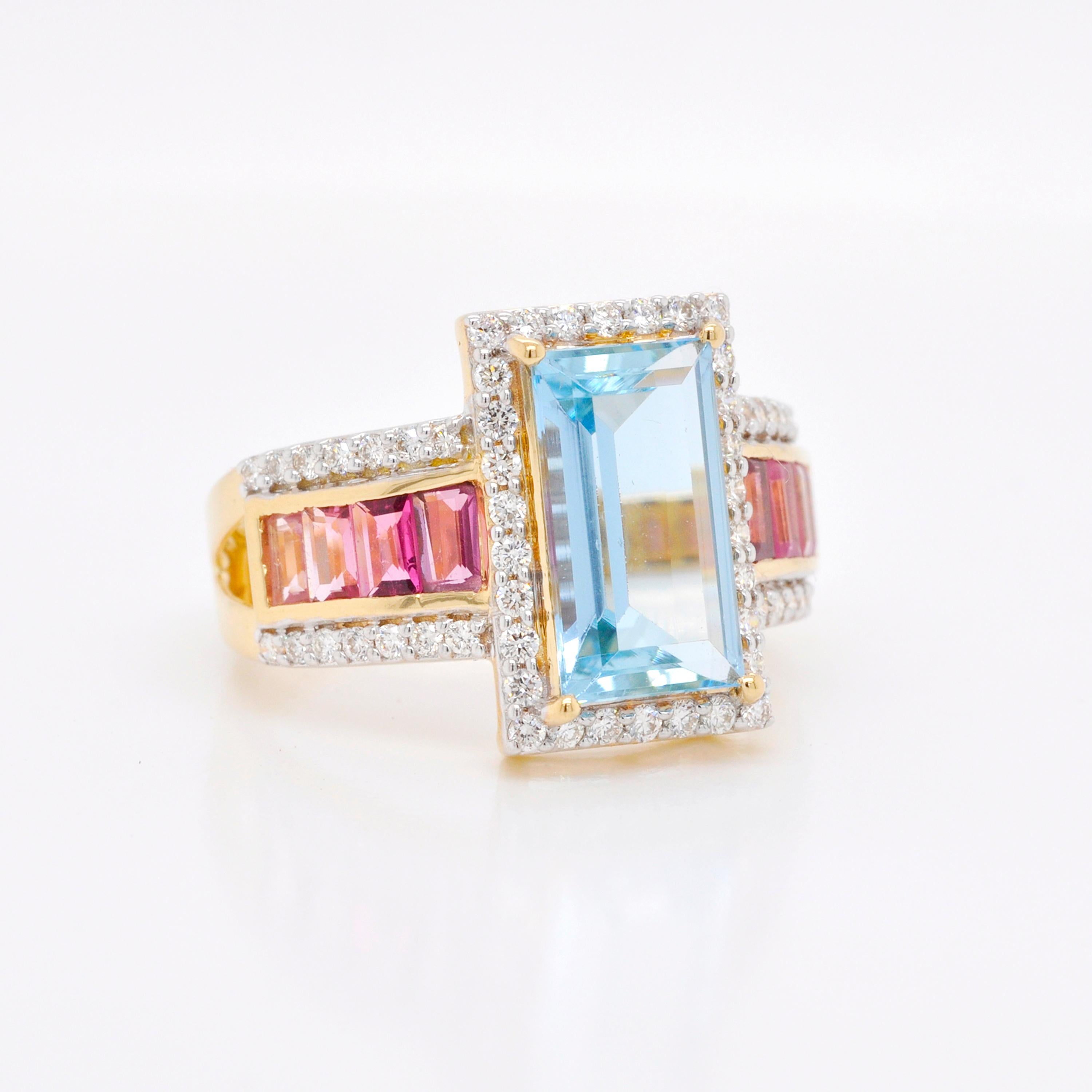 Baguette Cut 18 Karat Gold Aquamarine Pink Tourmaline Baguette Engagement Diamond Ring For Sale
